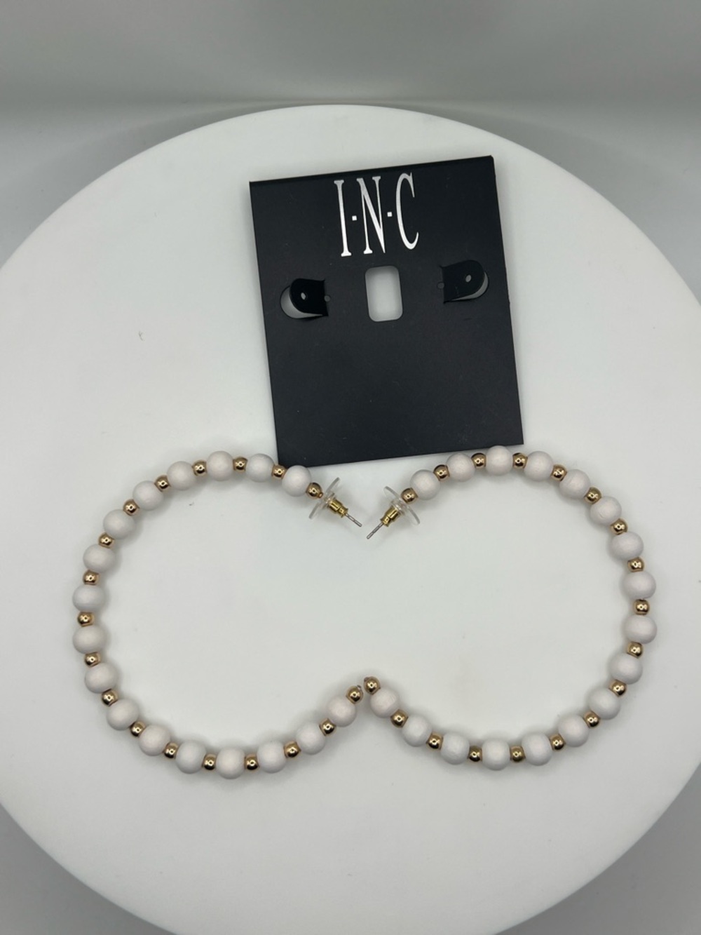 INC International Concepts White Beaded Hoop Earrings with Gold Beads